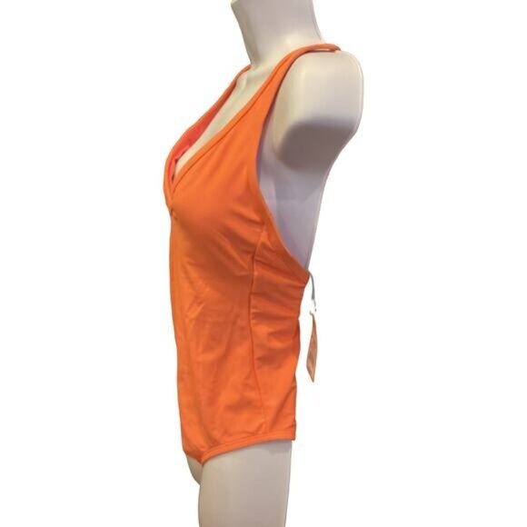 Womens Orange One-Piece Swimsuit With Adjustable Straps & Deep V-Neckline - Picture 4 of 9